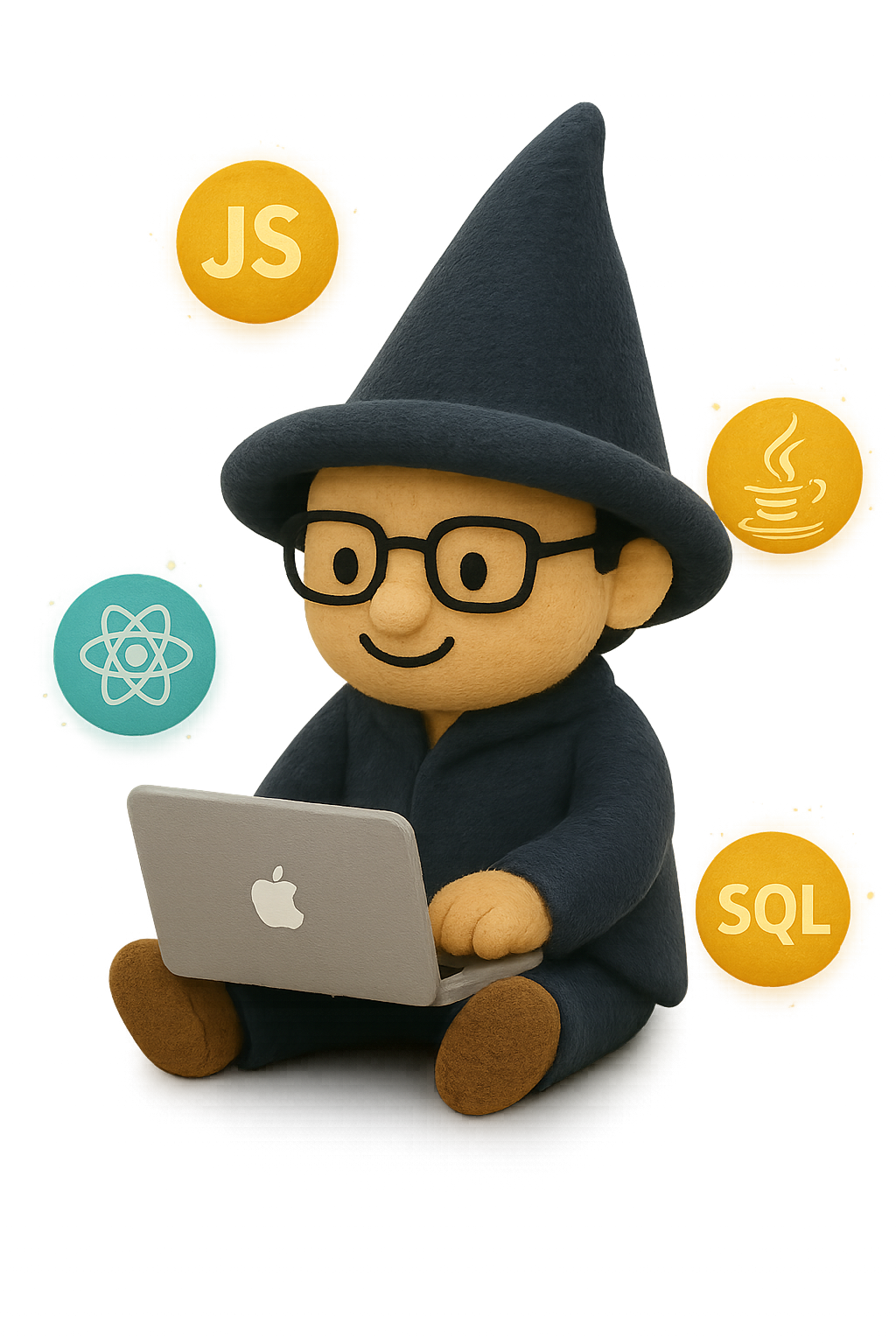 A plush doll
          resembling Edward, dressed as a wizard with glasses and a pointed hat,
          sits cross-legged while coding on a MacBook.