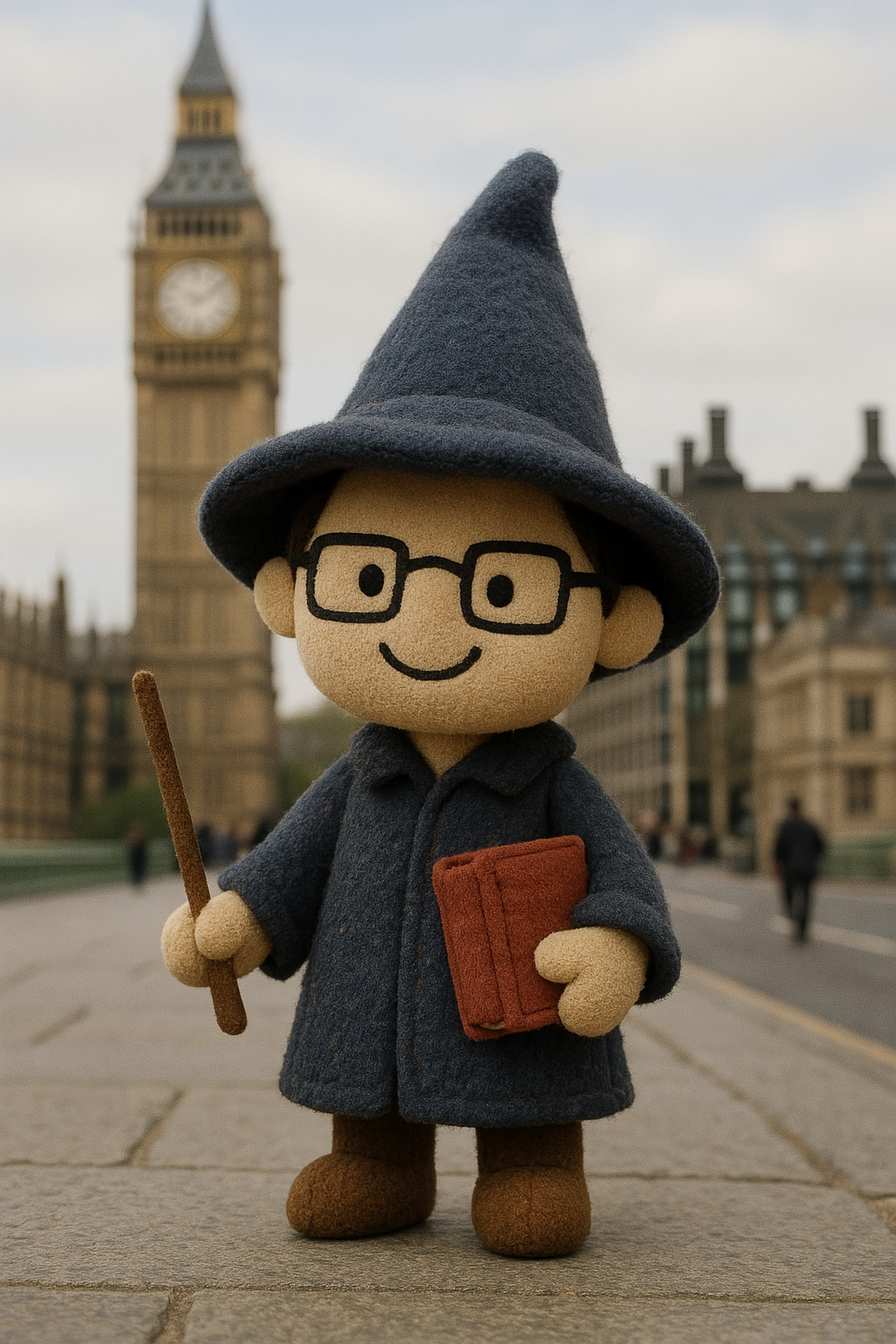A plush doll
      resembling Edward, dressed as a wizard with glasses and a pointed hat, standing on a pavement under Big Ben